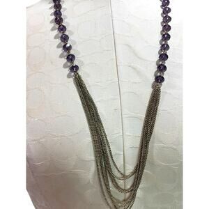 Goldtone Purple Beaded Tiered Necklace Long 32 Inch 5" Drop